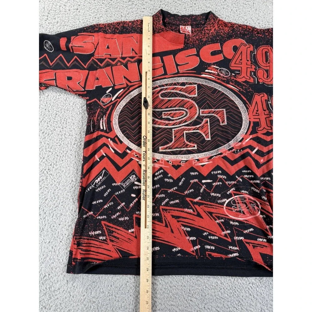 Vintage 90s San Francisco 49ers Magic Johnson T-Shirt Mens XL Black Red AOP Logo